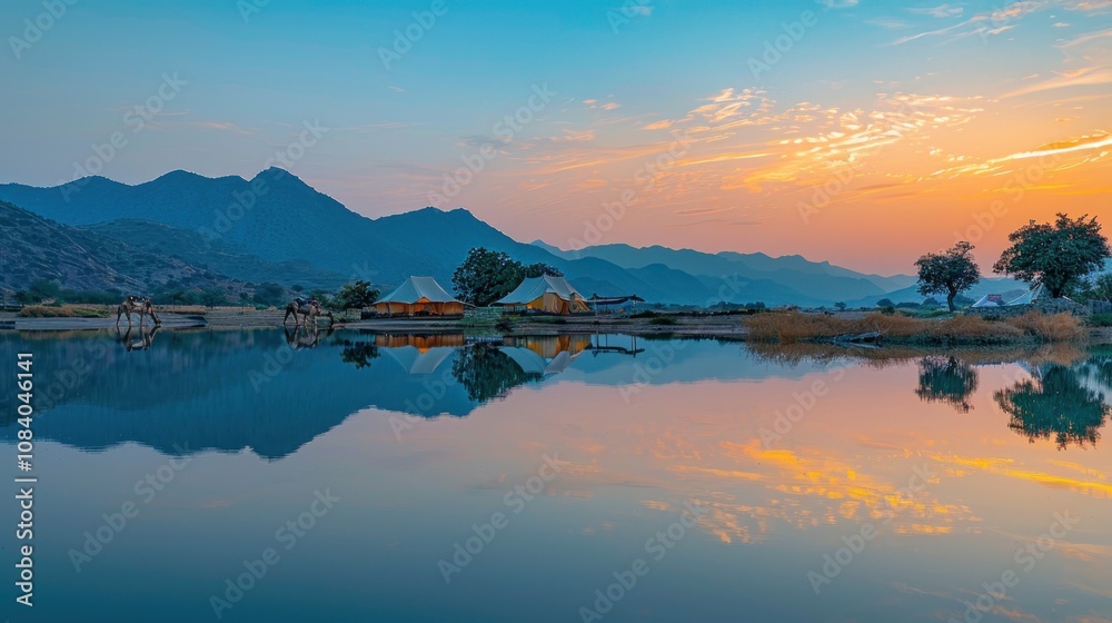 Fototapeta premium Serene sunrise over tranquil lake reflecting mountains and desert camp.
