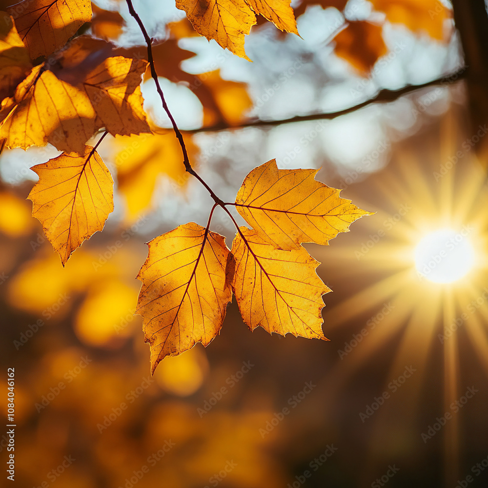 Obraz premium Autumn background with yellow and orange leaves at sunset on a sunny day, depicting a natural concept. Autumn leaves on a blurred brown autumn forest background. The autumn season, a golden time, an a