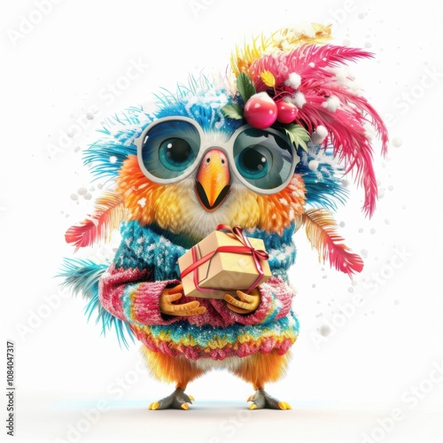 A delightful parrot dressed in colorful winter attire holding a gift in a festive atmosphere