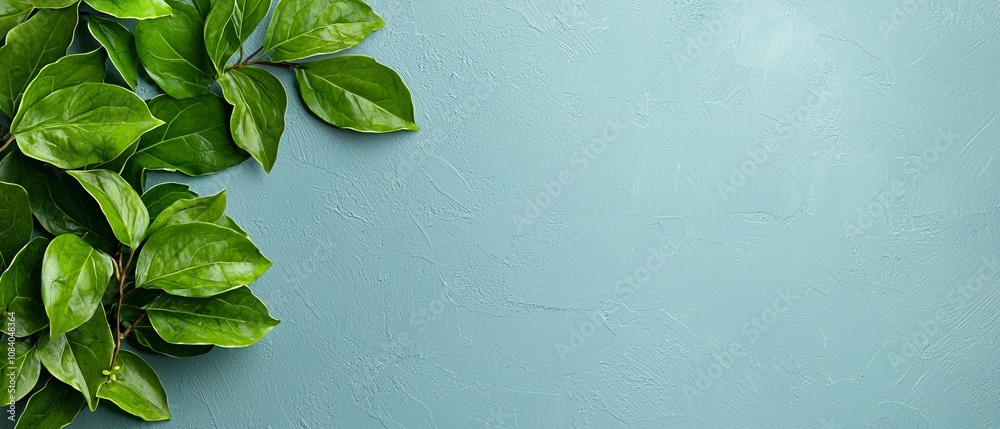 Fototapeta premium A green plant on a blue wall with copy space