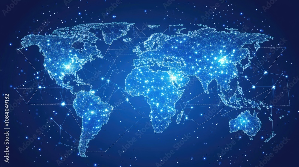 Naklejka premium Stunning Digital World Map Visualization with Bright Points of Light, Global Connections, and a Cosmic Background for Modern Technology and Innovation Themes