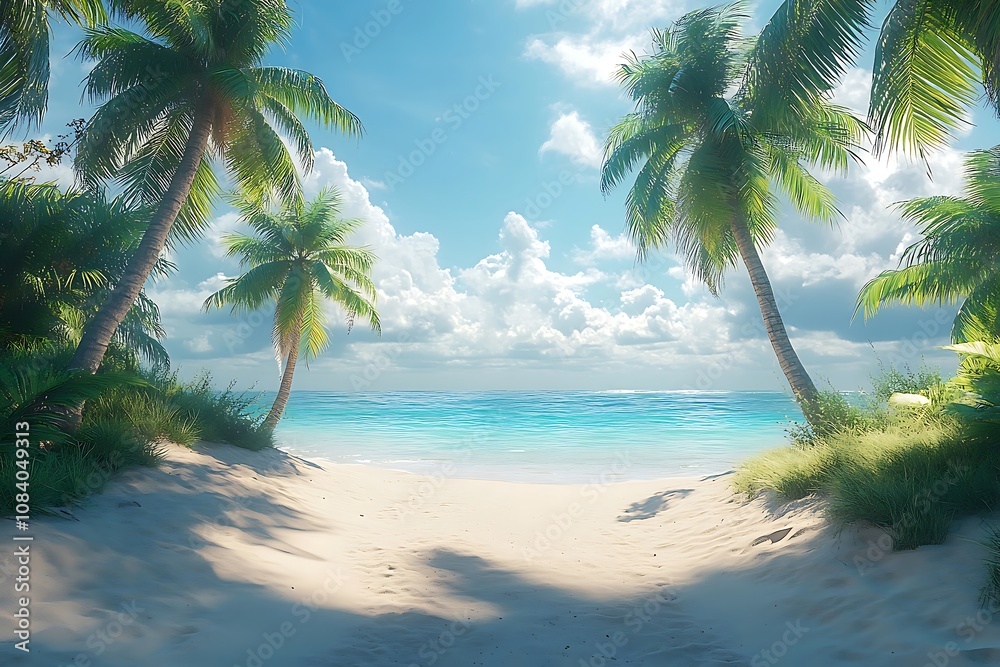 Obraz premium Sunlit Secluded Cove Tropical Paradise with Golden Sand and Azure Waters