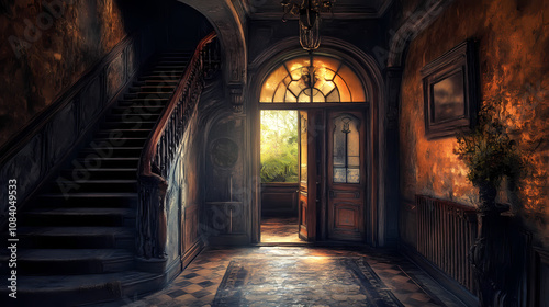 A haunting photograph of a creaky entryway in a decrepit house, where the ageold whispers of the past seem to linger in the air, sending shivers down your spine. Haunting. Illustration photo