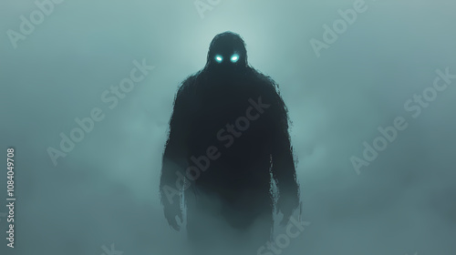 A haunting silhouette with glowing eyes emerges from the mist, evoking feelings of mystery and the supernatural. mystique. illustration. Haunting. Illustration photo