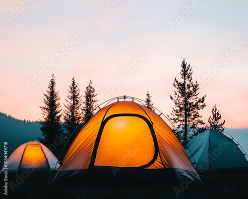 A serene camping scene at sunset with tents glowing softly among tall pine trees, capturing the essence of outdoor adventure and tranquility. photo