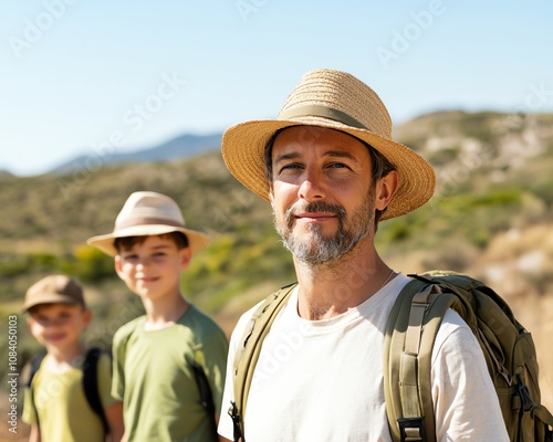 Family hiking adventure in sunny landscape, wearing hats and backpacks. Perfect for outdoors, travel, and exploration concepts. photo