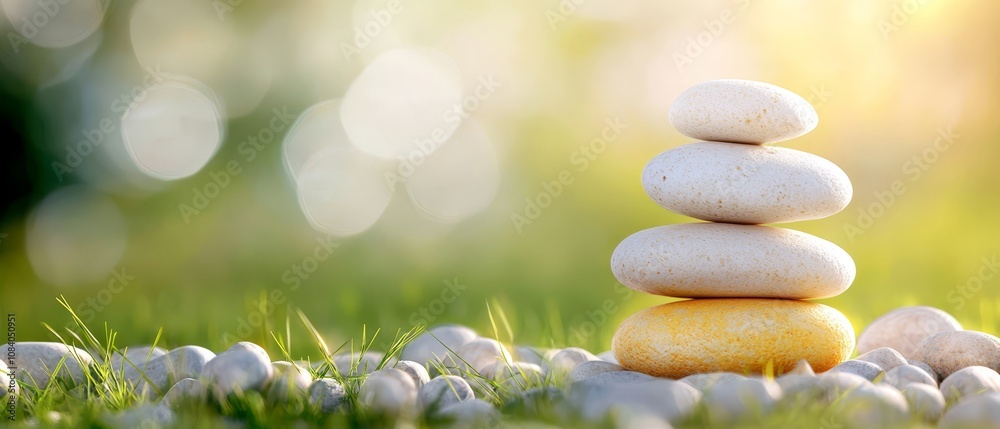 Obraz premium A stack of pebbles sitting on top of each other in the grass
