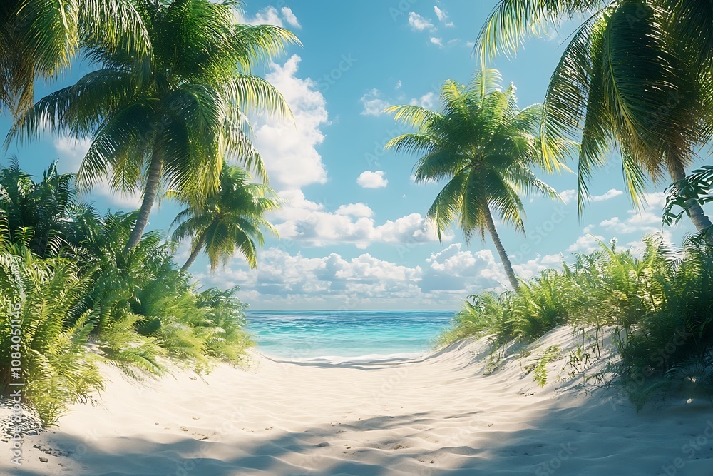 Obraz premium Sunny Tropical Beach Pathway with White Sand and Lush Foliage