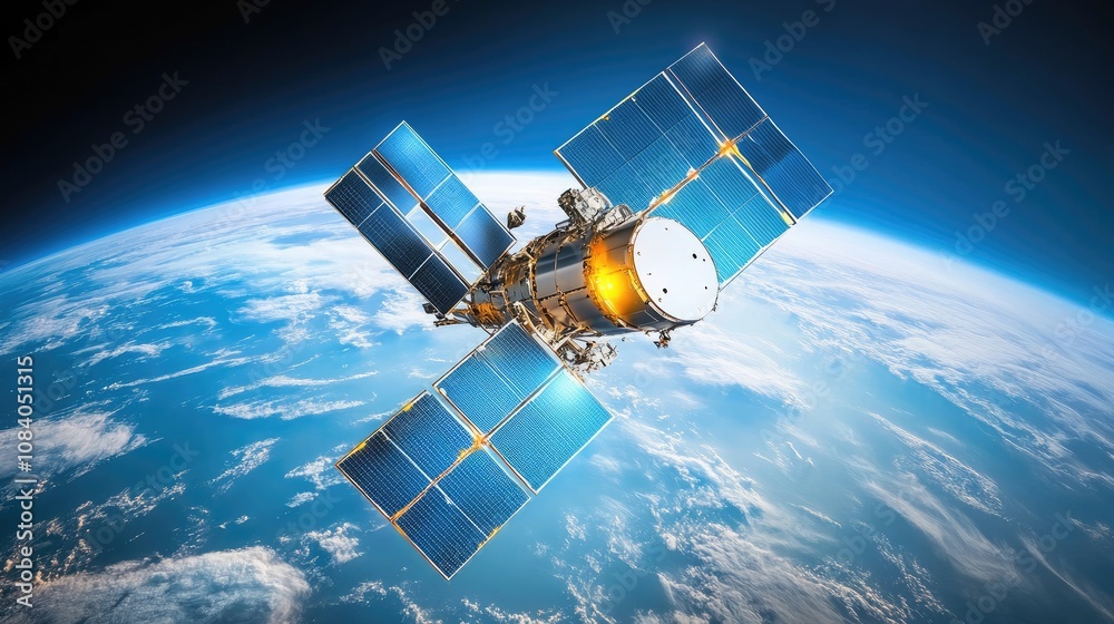 Fototapeta premium Stunning Satellite Orbiting Earth with Solar Panels and High-tech Instruments against a Striking Blue Planet Background