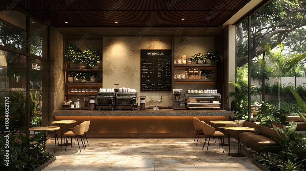 Fototapeta premium Stylish coffee shop seating area with chairs and table, modern and comfortable 3D rendering