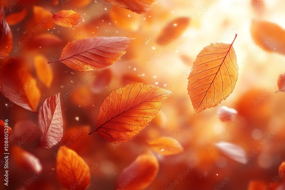 Fototapeta premium Highly detailed autumn leaves in red, orange, and yellow tones, swirling in mid-air. Each leaf shows individual veins and slight wear. Motion blur and depth of field create a sense of movement,