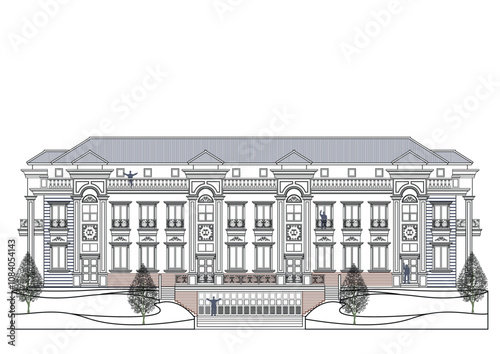 Facade of 4 storeys symmetrical modern classic building with 5 doors, 36 windows, long balustrade, frame, 10 columns, decoration, canopy, crowns, balcony, garage, stairs and triangular roof.