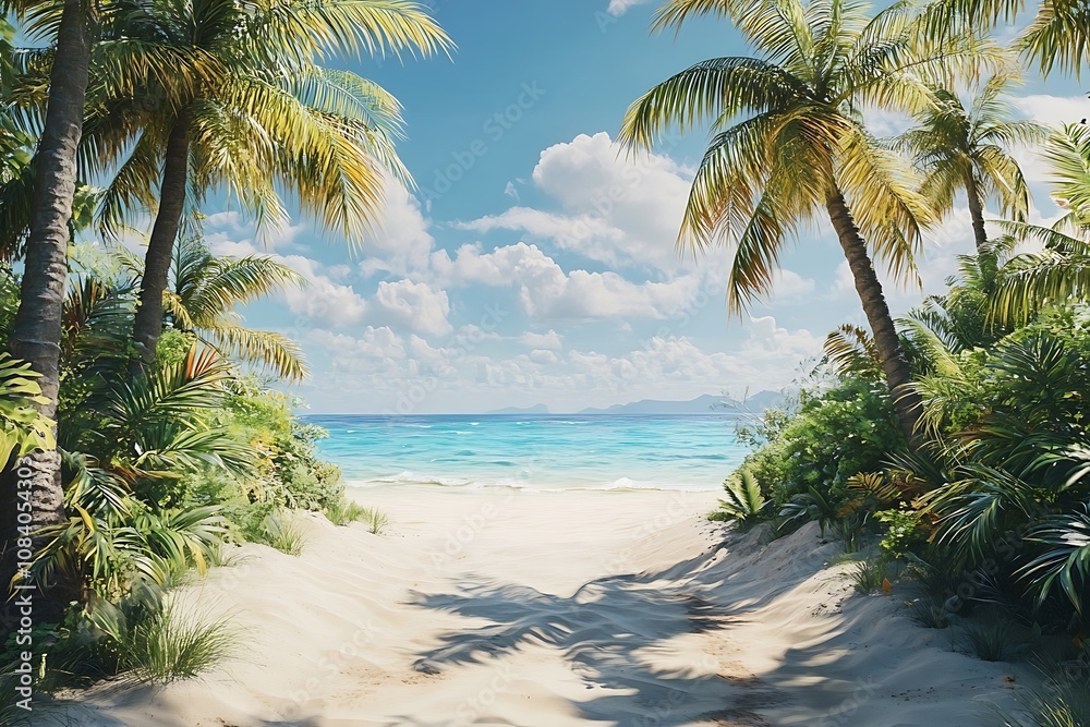 Fototapeta premium Tropical Beach Escape Palm Trees and Tranquil Waters