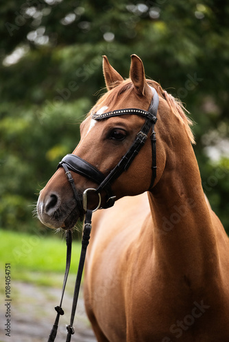 Chestnut Horse Portrait with Bridle in Natural Background