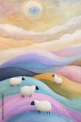 pastel colored fluffy wool hills painting with cute sheep grazing