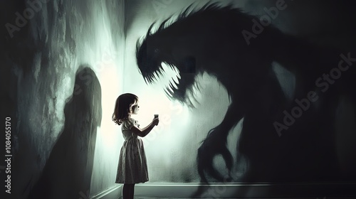 Young girl facing a towering shadow monster in a dark room