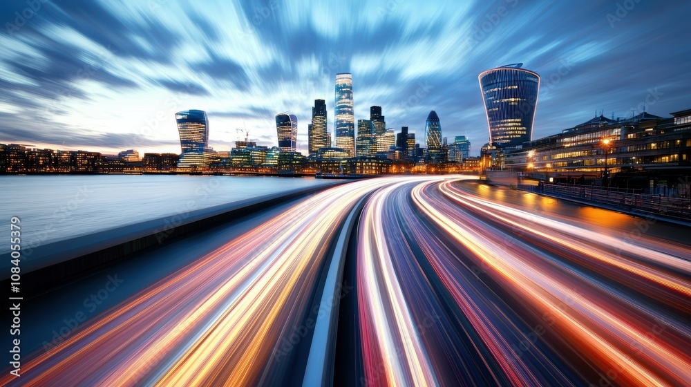 Fototapeta premium A long exposure photograph of city lights at night, creating light trails and streaks that capture the dynamism and energy of urban environments.