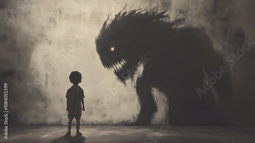 A child confronts a looming shadow monster in a dark setting