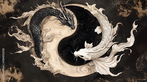 Artistic representation of yin and yang with dragon and koi fish