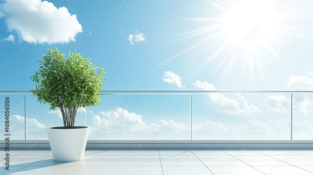 Obraz premium Lush Green Plant in Modern Pot on Sunny Balcony with Clear Blue Sky and White Clouds, Ideal for Nature and Lifestyle Themes in Stock Photography