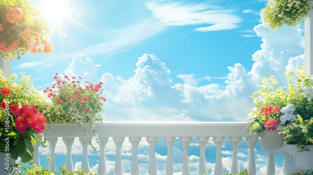 Obraz premium Bright and Lively Balcony Garden with Colorful Flowers Under a Clear Blue Sky and Fluffy White Clouds, Perfect for Summer Serenity and Outdoor Relaxation