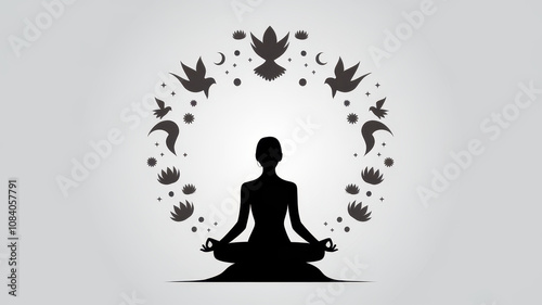 Silhouette of a meditating woman surrounded by birds and floral elements, symbolizing peace and tranquility. photo