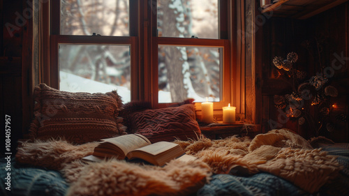 Comfortable nook with pillows, a good book, and a warm throw, creating a peaceful retreat for relaxation.