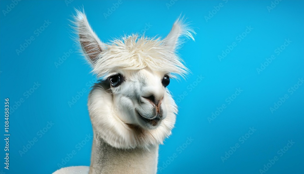 Obraz premium Funny white alpaca on blue background