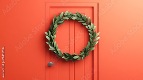 A vibrant orange door adorned with a fresh green wreath creates a welcoming entrance.