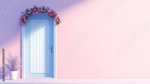 A pastel-colored door adorned with flowers, set against a soft pink wall.
