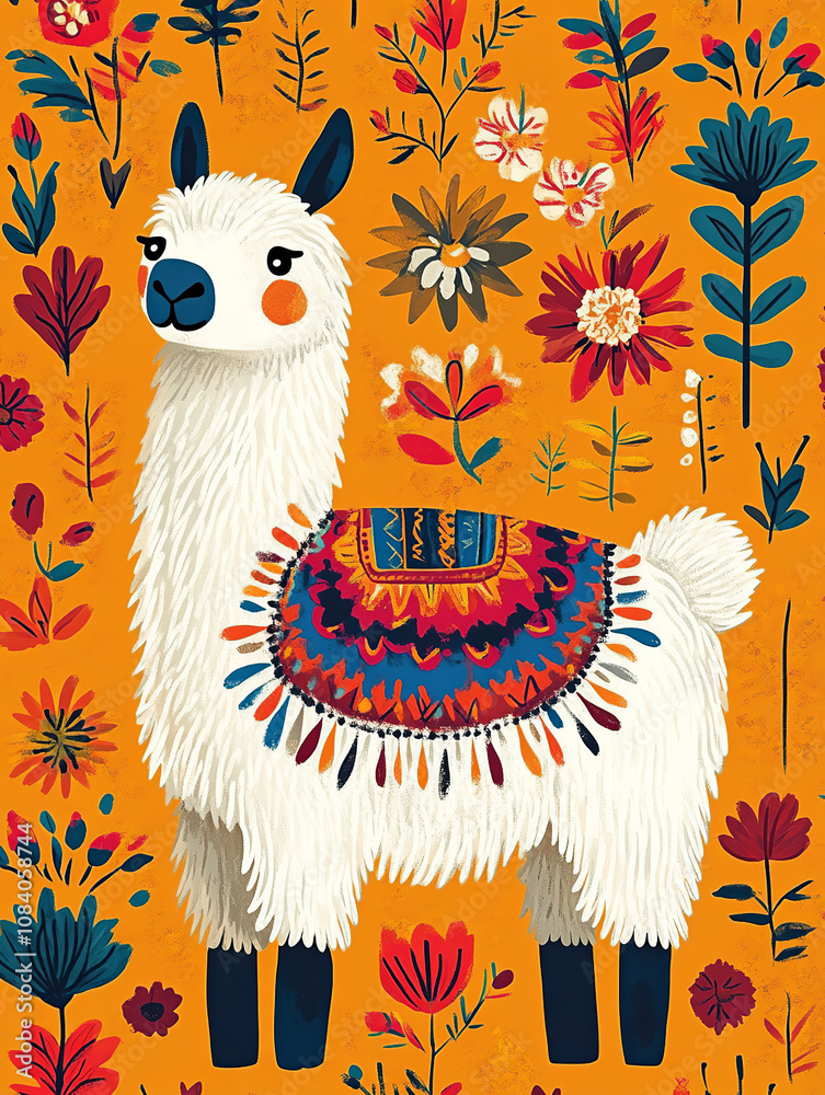 Obraz premium Colorful mexican fabric graphic design. The theme is a minimalist alpaca