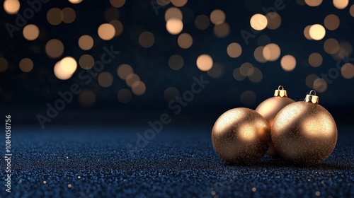 Elegant golden ornaments with soft bokeh lights for festive holiday ambiance.