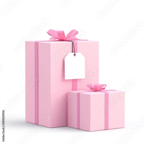 Two pink gift boxes with ribbons and tags for special occasions and celebrations.