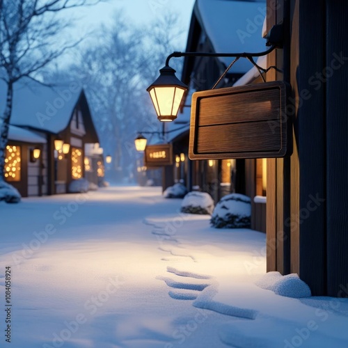 Charming winter street with festive lights and snow-covered walkway at night.