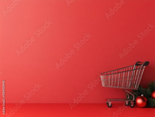 Empty shopping cart with Christmas decorations against a vibrant red background.