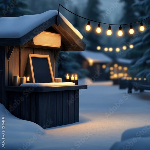 A cozy winter market stall illuminated by warm lights in a snowy landscape.