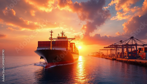 A cargo ship enters a port at sunset, highlighting global trade and industry.