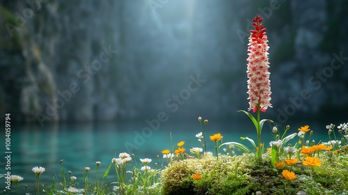 Blooming orchid serene lake nature scene lush environment ground level serenity photo