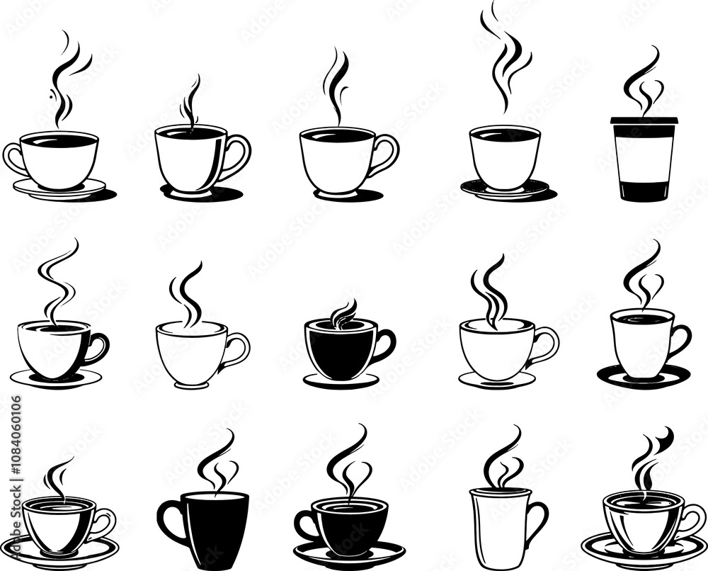 Obraz premium set of a cup of tea with steam, icon set
