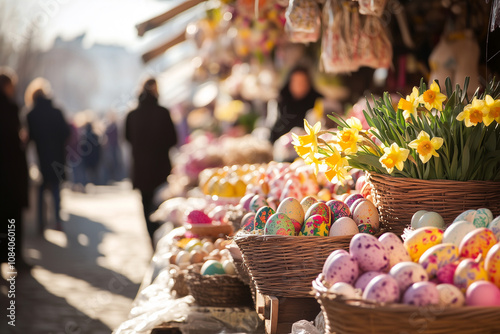 Vibrant Spring Market with Easter Decorations, Fresh Flowers, and Traditional Pastries