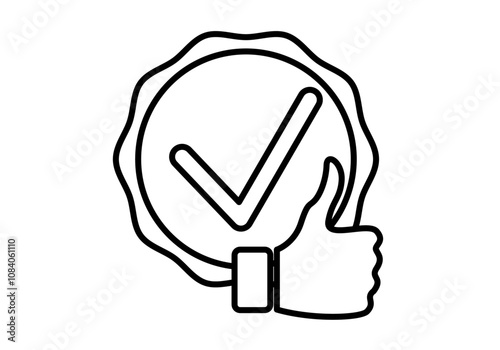 Icono negro de sello con tic afirmativo y pulgar hacia arriba de me gusta