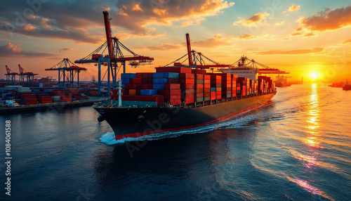 A cargo ship enters a port at sunset, highlighting global trade and industry.