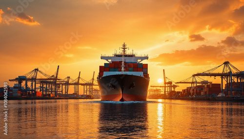 A cargo ship enters a port at sunset, highlighting global trade and industry.