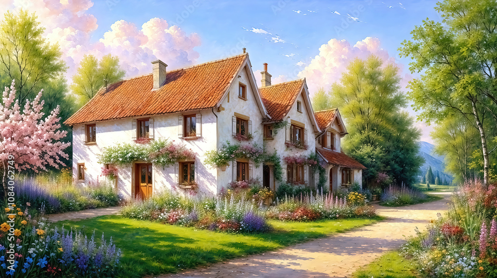 Obraz premium Oil painting on canvas summer landscape with wooden old house, beautiful flowers and trees.