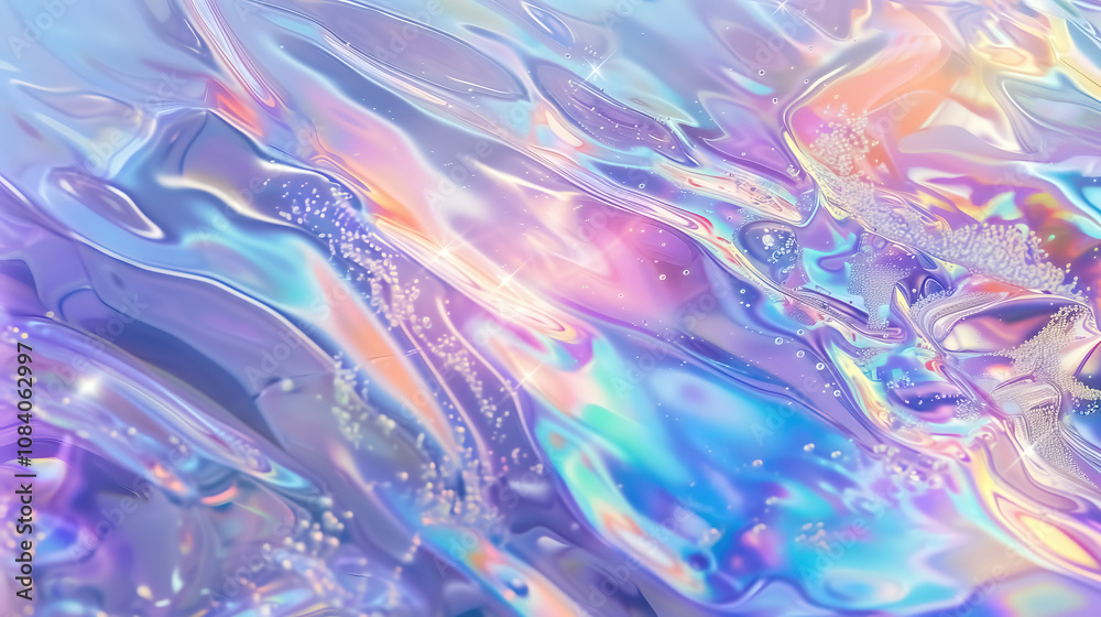 Obraz premium Water surface with iridescence and opalescence texture, liquid holographic water waves coloful background.