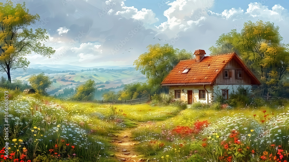 Naklejka premium Idyllic countryside summer landscape with wooden old house, beautiful flowers and trees, oil painting on canvas.