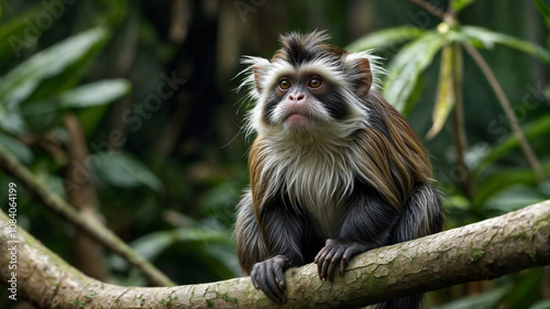 Cute emperor tamarin monkey with a fluffy coat sitting on a branch. It looks sad and is surrounded by green foliage. photo