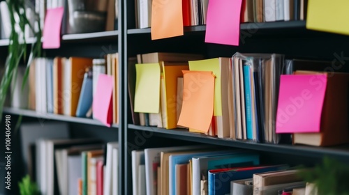 Wallpaper Mural Organized Bookshelf with Colorful Sticky Notes Torontodigital.ca