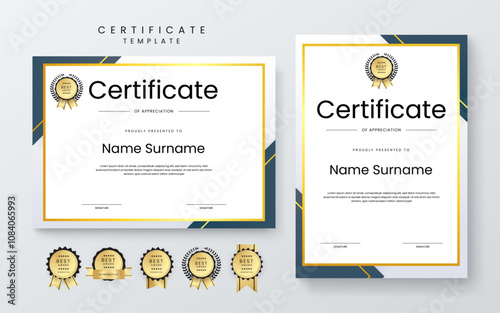 Colorful Certificate Template for Appreciation and Achievement. Features Geometric Shapes and Award Icons, Perfect for Professional or Educational Achievements