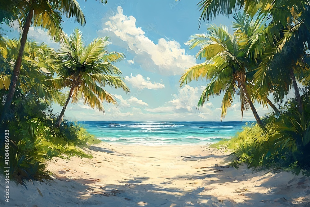 Obraz premium Palm Tree Shadows on a Tranquil Coastal Path